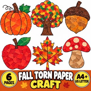 May include: A set of six autumn-themed illustrations created with a torn paper mosaic effect, including a pumpkin, a tree, an acorn, an apple, a maple leaf, and a mushroom. The text at the bottom reads 6 PAGES FALL TORN PAPER CRAFT A4+ US LETTER.
