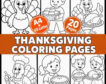 May include: A collection of Thanksgiving coloring pages featuring black and white line art of turkeys, children, and holiday food. The text reads Thanksgiving Coloring Pages, A4 + US Letter, and 20 Pages. The design includes six distinct illustrations.