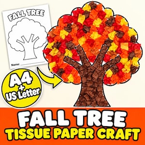 May include: A fall tree tissue paper craft project featuring a black and white outline template labelled FALL TREE with a name line, and a completed tree filled with crumpled red, orange, yellow, and brown tissue paper, plus an A4 and US Letter icon.