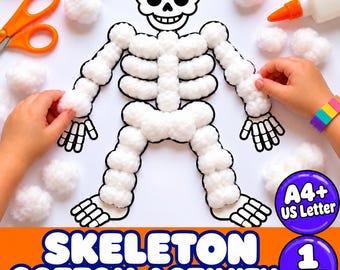 Puede incluir: Una actividad manual de esqueleto con un contorno en blanco y negro que se rellena con bolas de algodón blanco. Incluye tijeras naranjas, pegamento y el texto SKELETON COTTON ACTIVITY, A4+ US Letter, 1 PAGE.