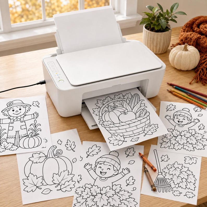 May include: A white inkjet printer with a stack of blank paper in the rear tray and a printed coloring page featuring a basket of autumn produce emerging from the front. Several other fall-themed coloring sheets and two crayons are nearby.