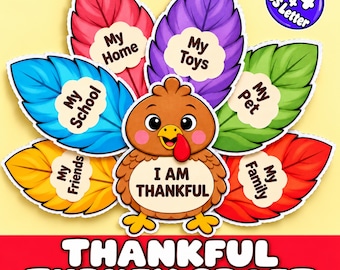 Manualidad de pavo agradecido, actividad de recortar y pegar para el Día de Acción de Gracias, manualidad de gratitud "Estoy agradecido" para niños, actividad de pavo para el aula