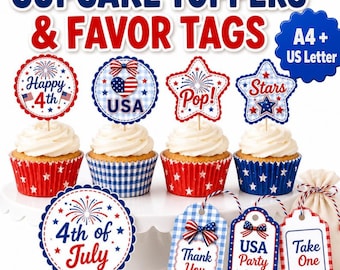 Puede incluir: Un conjunto de adornos para cupcakes y etiquetas de regalo imprimibles con diseños patrióticos en rojo, blanco y azul. Los adornos incluyen textos como Happy 4th, USA, Pop! y Stars. Las etiquetas llevan los textos Thank You, USA Party y Take One.