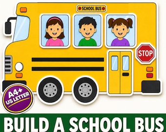 Puede incluir: Una manualidad de autobús escolar amarillo con tres niños en las ventanas, una señal de stop roja y el texto SCHOOL BUS, A4+ US LETTER, BUILD A SCHOOL BUS, CUT & PASTE CRAFT. El autobús tiene ruedas negras, una puerta y un espejo lateral.