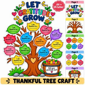Może przedstawiać: Zestaw do druku zawierający brązowe drzewo z sercem, kolorowe liście z napisem I am thankful for oraz kosz z etykietą Add your gratitude leaf. Zestaw zawiera pięć stron w formatach A4 i US Letter, służących do stworzenia drzewa wdzięczności.