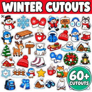 May include: A collection of winter-themed cutouts featuring a snowman, snowflake, mittens, child, sign, earmuffs, husky, penguin, sled, cocoa, jacket, hat, boots, deer, polar bear, tree, house, skates, wreath, lantern, star, fox, owl, and backpack.
