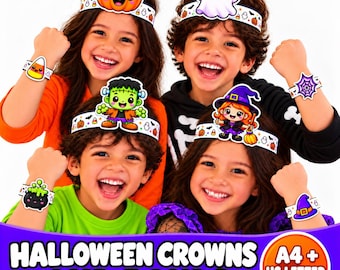 Puede incluir: Un conjunto de coronas y pulseras de Halloween de papel con ilustraciones coloridas de una calabaza, fantasma, monstruo de Frankenstein, bruja, caramelo, telaraña, caldero y sombrero, con el texto Halloween Crowns and Bands.
