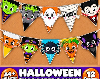 Puede incluir: Una guirnalda de personajes de Halloween con diez banderines triangulares que muestran ilustraciones de dibujos animados de un monstruo verde, un caldero burbujeante, un fantasma, una momia, un vampiro, un caramelo de maíz, una bruja, una araña, una calabaza y un murciélago.
