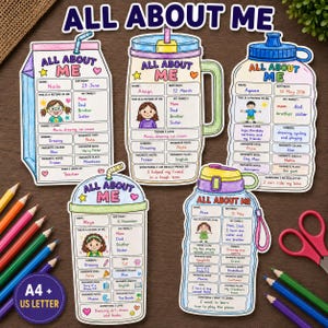 May include: Five die-cut paper activity sheets titled All About Me, shaped like a milk carton, a mug, and three water bottles. Each sheet features hand-drawn illustrations and fill-in-the-blank sections for personal details, hobbies, and favourites.