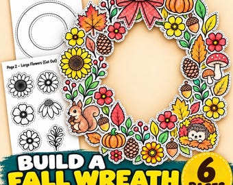 Puede incluir: Un kit de manualidades de corona de otoño para imprimir con seis páginas de elementos recortables que incluyen una base de corona, girasoles, calabazas, bellotas, piñas, hojas, setas, una ardilla y un erizo, con un gran lazo rojo.