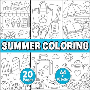 May include: A collection of summer-themed coloring pages featuring an ice cream cart, beach gear, a sun umbrella, popsicles, a suitcase, and a watering can. The text reads SUMMER COLORING, 20 Pages, and A4 + US Letter. Black and white line art.