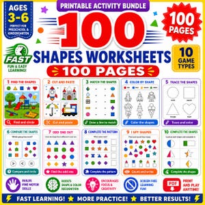 Puede incluir: Un paquete de actividades imprimibles con 100 páginas de fichas de formas para niños de 3 a 6 años. El colorido documento educativo incluye diez tipos de juegos como buscar, recortar, pegar, emparejar, colorear, trazar, comparar y contar.
