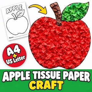 May include: An apple tissue paper craft project featuring a large apple shape filled with crumpled red tissue paper, a brown stem, and a green leaf. Includes a printable template with the word APPLE and a circular badge labelled A4 + US Letter.
