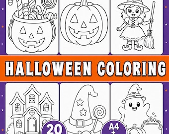 May include: A Halloween coloring book featuring 20 pages in A4 and US Letter sizes. The cover displays black and white line art of a candy-filled jack-o'-lantern, a pumpkin, a witch, a haunted house, a wizard hat, and a ghost with a cauldron.