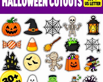 Puede incluir: Una colección de recortes de Halloween que incluye una calabaza, sombrero de bruja, telaraña, esqueleto, linterna, caramelo, escoba, caldero, casa embrujada, luna, momia, bolsa de dulces, bruja, fantasma, monstruo de Frankenstein, frasco de poción y un árbol espeluznante.