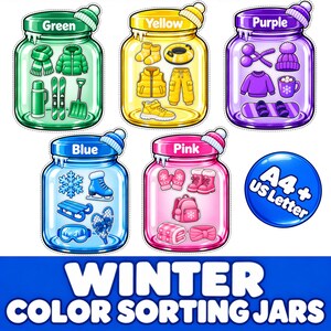 May include: Five glass jars labeled Green, Yellow, Purple, Blue, and Pink, each containing winter-themed items in matching colors. A blue circle displays the text A4+ US Letter. The bottom text reads WINTER COLOR SORTING JARS.