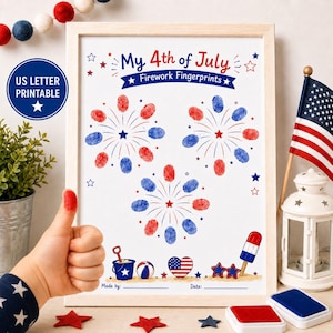 4th of July Fingerprint Craft for Kids, Firework Keepsake Printable, Fourth of July Independence Day Activity, Patriotic Handprint Art PDF