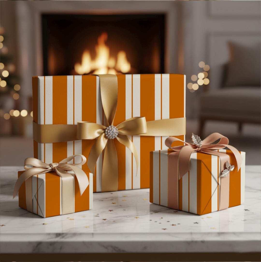 Rust Wrapping Paper Burnt Orange Striped Wrapping Paper | Rust Holiday Gift Wrap | Boho ...