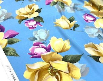 Italian Silk Crepe de Chine Fabric by The Yard, Sky Blue Floral Print