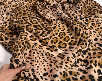 Italian Stretch Leopard Print Silk Fabric by Yard, Lightweight Satin for Dresses