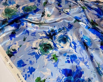 Floral Satin 100% Silk Fabric, Italian Luxury Wrinkle-Resistant, Lightweight for Dresses