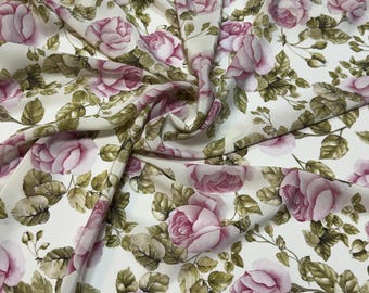 Italian Silk Crepe de Chine Fabric, Rose Print, Lightweight Luxury by Yard