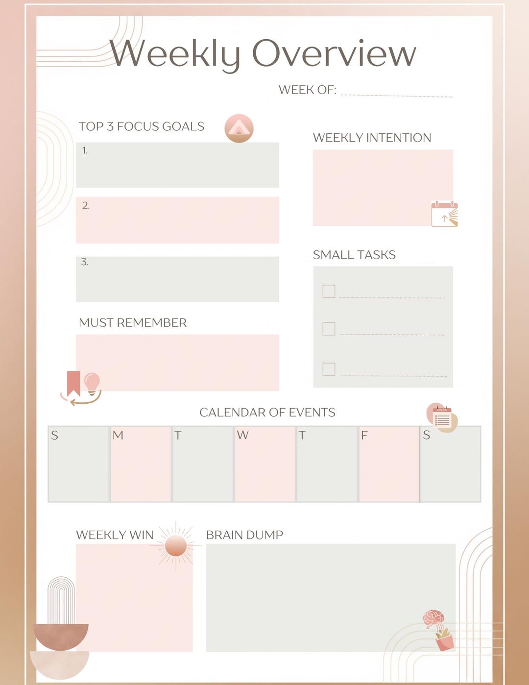 Neutral Boho Weekly Planner | Digital Download | Focus Goals, Calendar ...