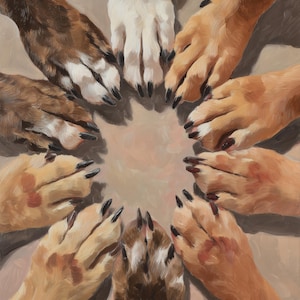 Painting of Diverse Dog Paws in Circular Arrangement - Color