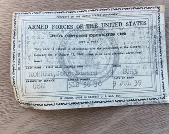 United States Armed Forces Geneva Convention ID Card Navy July 1939 Vintage