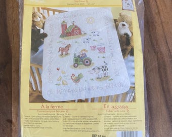 Kit de punto de cruz estampado para funda de cuna Bucilla On The Farm, 86 x 109 cm, n.° 45567, nuevo.