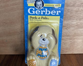 New Gerber Peek-a-Pals Puppy Dog Vinyl Squeeze Squeak Kids Toy 1991 Vintage