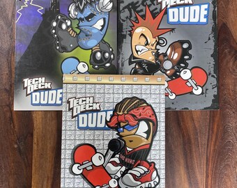 Lote de 3 carpetas de bolsillo Tech Deck Dude School, modelo 2003, vintage, nuevas.