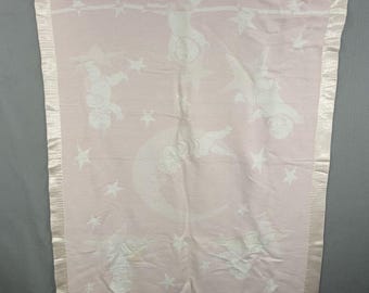 Manta vintage para cuna de bebé niña con ribete de satén rosa, 33 x 39 cm, luna y estrellas. *Leer*