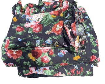 Edredón vintage Ralph Lauren Isadora Cossette negro con estampado floral, 82x83 pulgadas, fundas de almohada con volantes