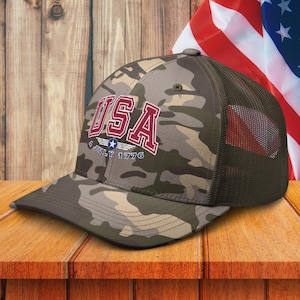USA Full Logo Red - Premium Camouflage Trucker Hat. USA Patriotic Unisex Cap