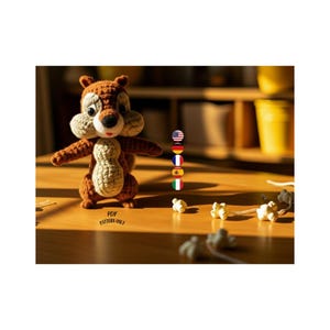 Könnte beinhalten: Ein handgehäkeltes Eichhörnchen in Braun-, Beige- und Weißtönen. Das Eichhörnchen hat ein detailliertes Design mit einem strukturierten Körper und ausgestreckten Armen. Der Text "PDF PATTERN ONLY" ist sichtbar. Popcorn ist verstreut.