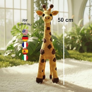 May include: A handcrafted, crochet giraffe, approximately 19.7 inches tall, with a long neck and brown spots. The giraffe has a friendly expression and is standing on a white, fluffy surface. The image includes text that says "PDF PATTERN ONLY".