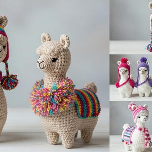 May include: Crocheted llama figurines in various sizes and styles. The llamas are tan with colorful hats and scarves. Some have striped blankets. The hats and scarves feature rainbow colors. The figurines are handmade.
