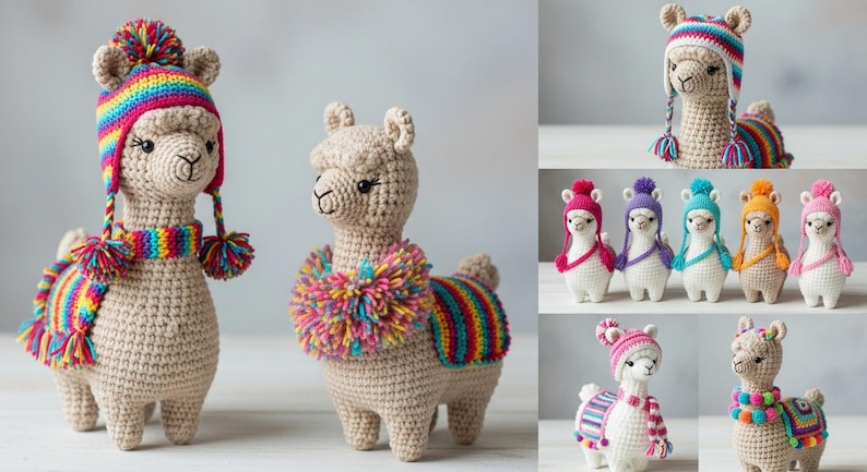 May include: Crocheted llama figurines in various sizes and styles. The llamas are tan with colorful hats and scarves. Some have striped blankets. The hats and scarves feature rainbow colors. The figurines are handmade.
