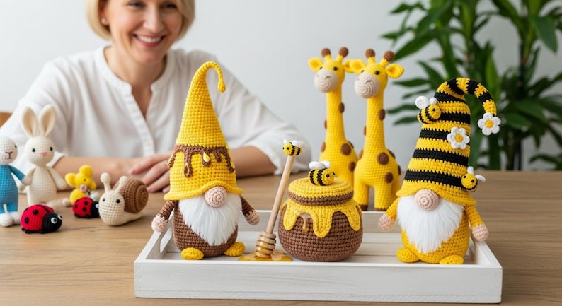 Bee Gnome Crochet Pattern, Amigurumi Gnome with Bendable Hat, Bumblebee Decor, DIY PDF Tutorial image 6