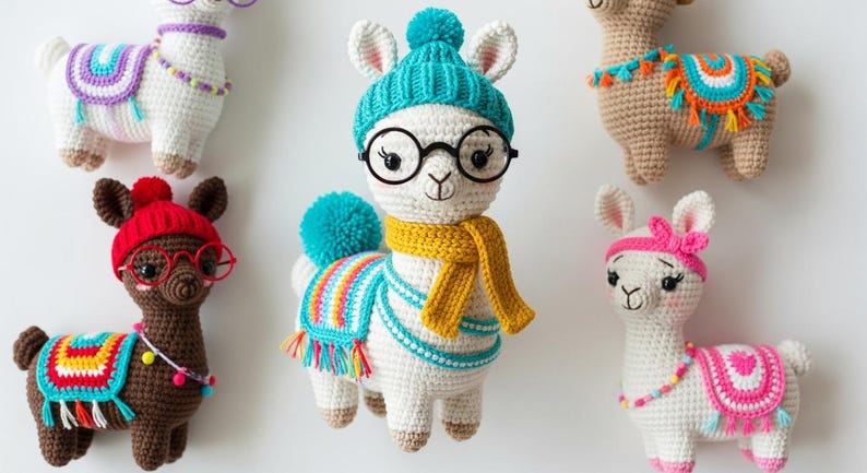 May include: A collection of crocheted llama dolls, each with unique accessories. One llama wears a blue hat, glasses, and a yellow scarf. Others feature hats, blankets, and decorative details in various colors like red, purple, and pink. These handmade toys are whimsical and colorful.