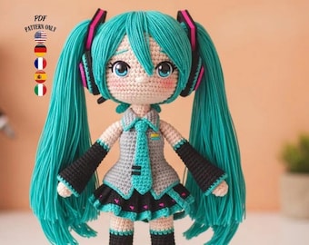 May include: A handmade crochet doll with long turquoise hair and pink headphones. The doll wears a gray dress with a black and turquoise skirt, a turquoise tie, and black arm warmers. The doll has large blue eyes and rosy cheeks. The text "PDF PATTERN ONLY" is visible.