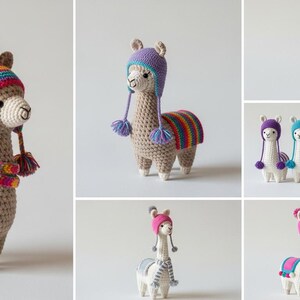 May include: A collection of handmade crochet llamas. Each llama is tan with a colorful hat and blanket. The hats and blankets feature rainbow, blue, pink, and orange accents. The llamas have white faces and are wearing scarves.