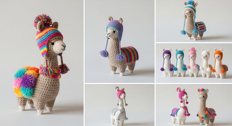 May include: A collection of handmade crochet llamas. Each llama is tan with a colorful hat and blanket. The hats and blankets feature rainbow, blue, pink, and orange accents. The llamas have white faces and are wearing scarves.