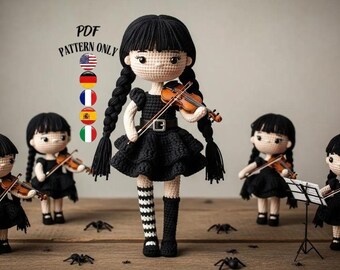 May include: A crocheted doll with black hair in braids, wearing a black dress and holding a violin. The doll is part of a set of five dolls, each with a violin. The dolls are on a wooden surface. The text "PDF PATTERN ONLY" is visible.