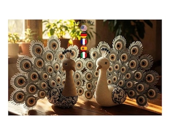 Häkelanleitung Pfau Amigurumi – Braun & Weiß – 25-35cm – PDF Sofortdownload – Detaillierte Federn