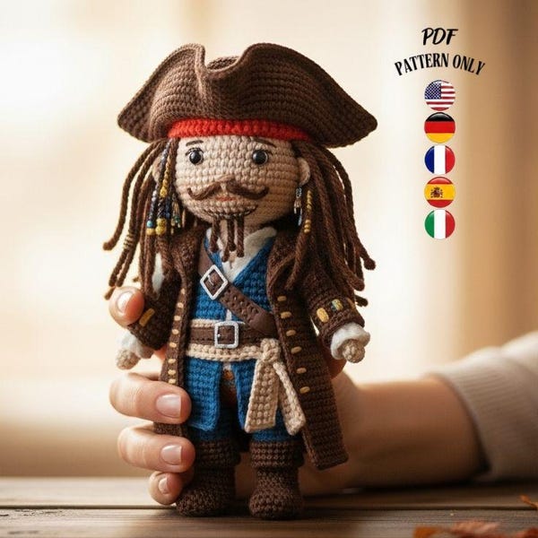 海賊船長のかぎ針編みおもちゃのパターン 18-22 cm – 初心者向けあみぐるみ PDF