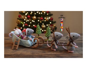Christmas Amigurumi Crochet Pattern PDF – Mouse Sleigh Toy, Holiday Decor, Multilingual Tutorial