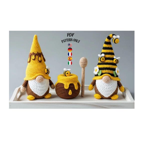 Bee Gnome Crochet Pattern, Amigurumi Gnome with Bendable Hat, Bumblebee Decor, DIY PDF Tutorial