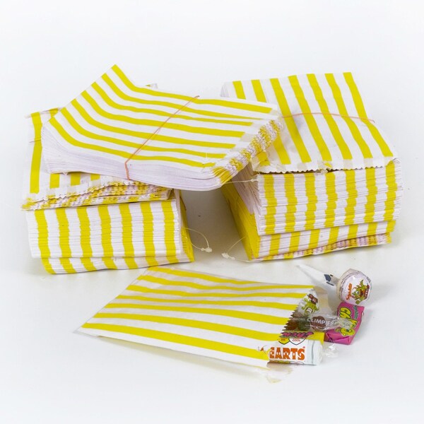 100 Pack - Candy Stripe Printed Paper Bags - Yellow - 10 x 14 Inches
